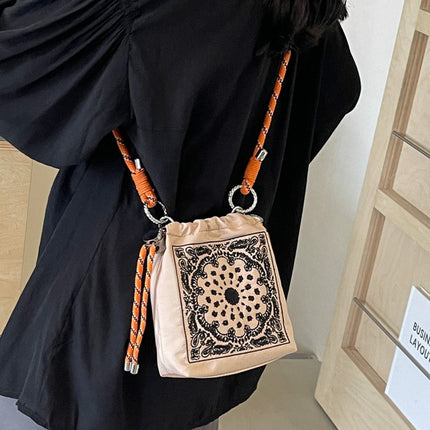 Chic Drawstring Bucket Bag with Intricate Print - Adjustable Rope Strap, Lightweight Fabric(Beige)