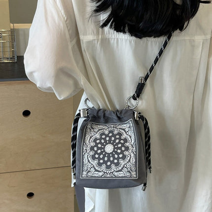 Chic Drawstring Bucket Bag with Intricate Print - Adjustable Rope Strap, Lightweight Fabric(Gray)