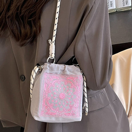 Chic Drawstring Bucket Bag with Intricate Print - Adjustable Rope Strap, Lightweight Fabric(Pink)