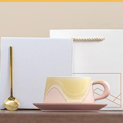 Artistic Ceramic Coffee Cup & Saucer Set with Spoon - Gradient Glaze, 240ml, Gift Boxed(pink)