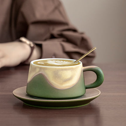 Artistic Ceramic Coffee Cup & Saucer Set with Spoon - Gradient Glaze, 240ml, Gift Boxed(pink)