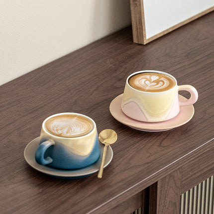 Artistic Ceramic Coffee Cup & Saucer Set with Spoon - Gradient Glaze, 240ml, Gift Boxed(pink)