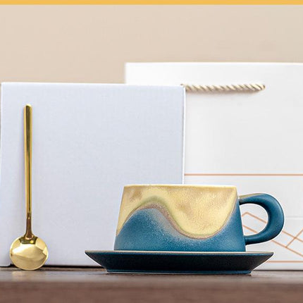 Artistic Ceramic Coffee Cup & Saucer Set with Spoon - Gradient Glaze, 240ml, Gift Boxed(Blue)