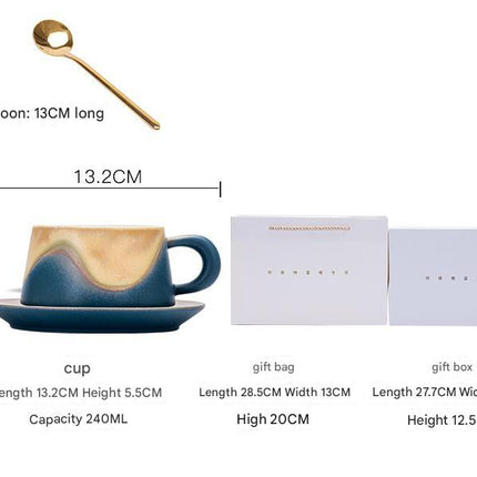Artistic Ceramic Coffee Cup & Saucer Set with Spoon - Gradient Glaze, 240ml, Gift Boxed(Blue)