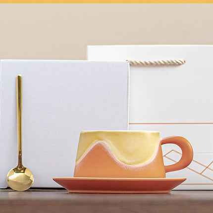 Artistic Ceramic Coffee Cup & Saucer Set with Spoon - Gradient Glaze, 240ml, Gift Boxed(Orange)