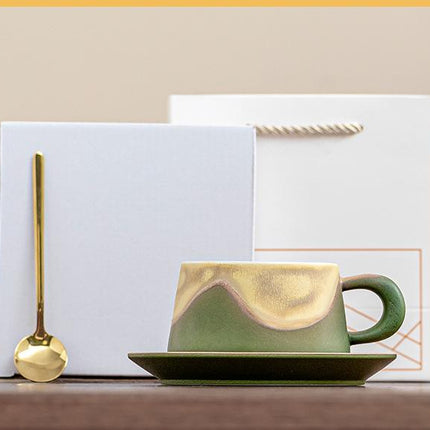 Artistic Ceramic Coffee Cup & Saucer Set with Spoon - Gradient Glaze, 240ml, Gift Boxed(Green)