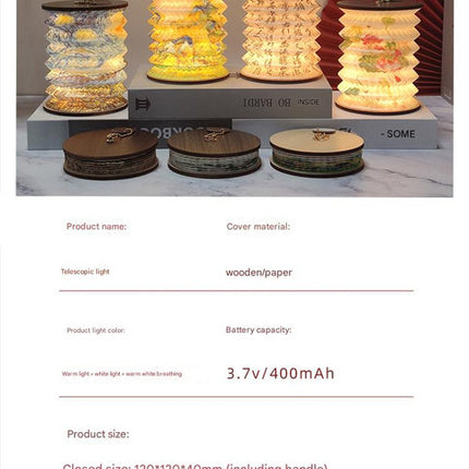 Foldable Telescopic Lantern Lamp - 3 Light Modes, USB Rechargeable, Wood/Paper Finish(Good Luck and Happiness)