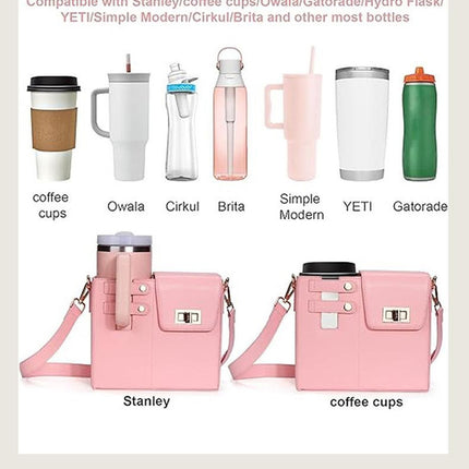 Chic PU Leather Crossbody Bag with Tumbler Holder - Multi-Compartment, Adjustable Strap,Does not include thermos cup(pink)