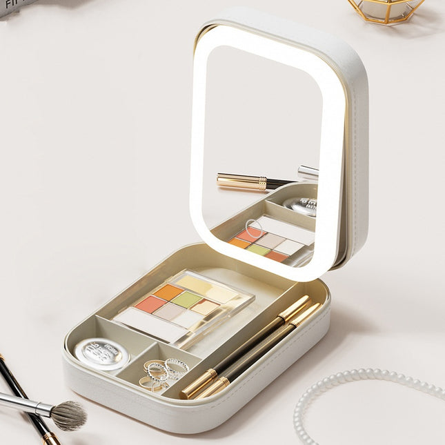 Portable Jewelry & Makeup Organizer Box with LED Touch Mirror
