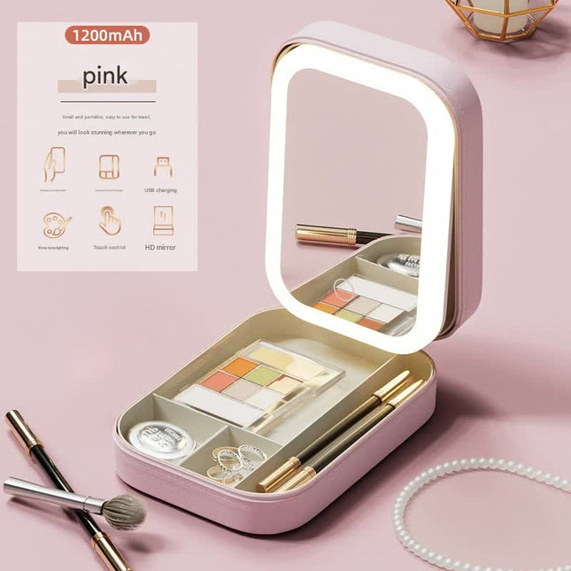 Portable Jewelry & Makeup Organizer Box with LED Touch Mirror