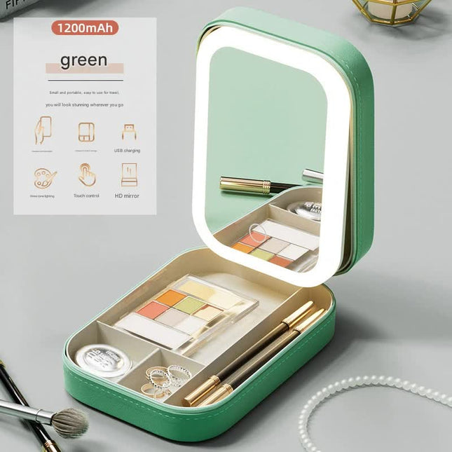 Portable Jewelry & Makeup Organizer Box with LED Touch Mirror