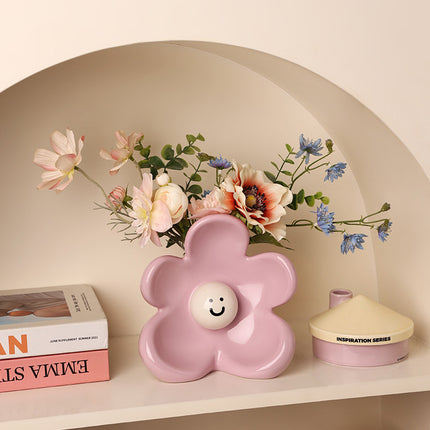 Artistic Floral Smiling Face Vase - Modern Ceramic Decor with Gloss Finish(pink)