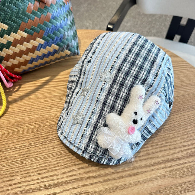 Patchwork Plaid Cotton Cap with Decorative Details(blue) V888-ELOSUNG35326