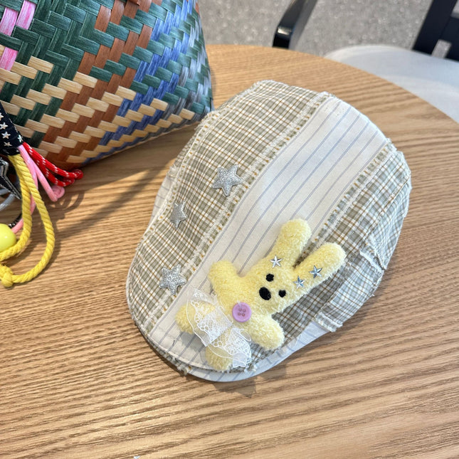 Patchwork Plaid Cotton Cap with Decorative Details(yellow) V888-ELOSUNG35328