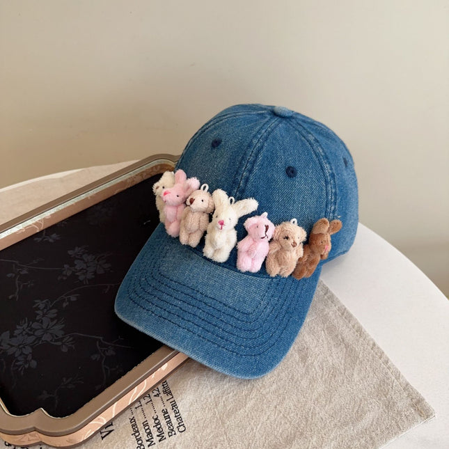 Whimsical Plush Bunny Row Denim Baseball Cap