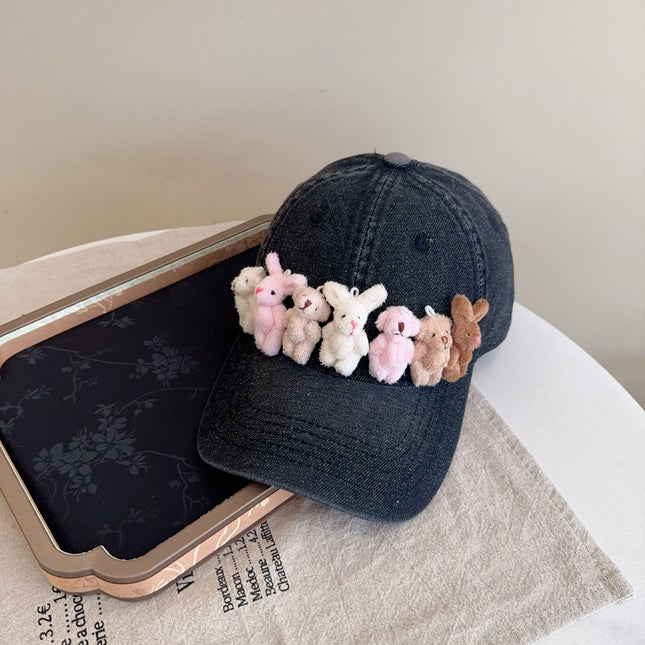 Whimsical Plush Bunny Row Denim Baseball Cap