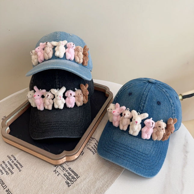 Whimsical Plush Bunny Row Denim Baseball Cap – product detail
