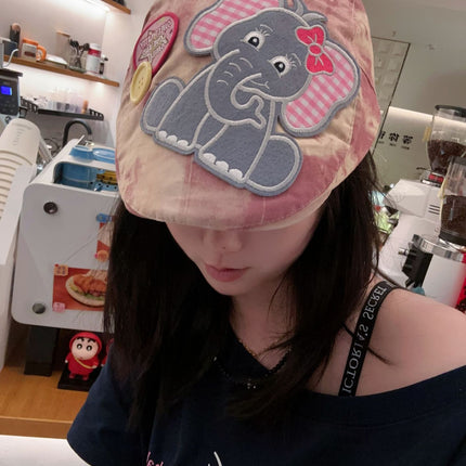 Cute Elephant Applique Beret Hat - Soft Fabric, Adjustable Fit, Retro Newsboy Cap(red)