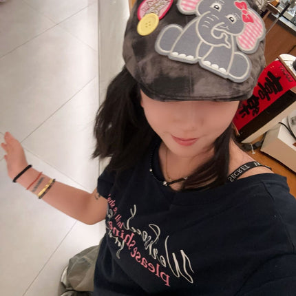 Cute Elephant Applique Beret Hat - Soft Fabric, Adjustable Fit, Retro Newsboy Cap(red)