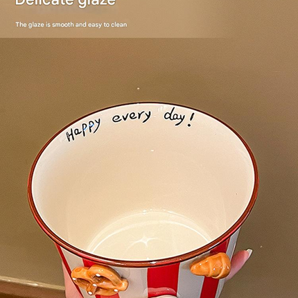 Charming Striped Ceramic Instant Noodle Bowl with 3D Accents & Happy every day!" Message(grey)"