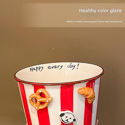 Charming Striped Ceramic Instant Noodle Bowl with 3D Accents & Happy every day!" Message(blue)"