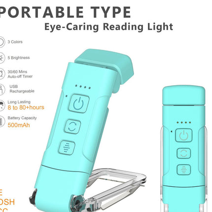 Portable Clip-On LED Reading Light - USB Rechargeable, 3 Color Modes & 5 Brightness Levels(Lake Blue)
