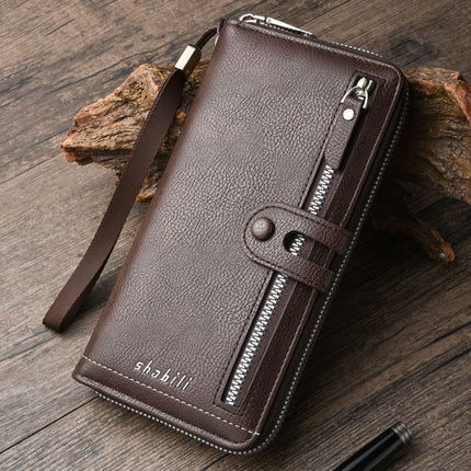 Two pieces High-Capacity PU Leather Clutch Wallet - Unisex Design with Wrist Strap, Zipper & Multiple Card Slots(Dark brown)