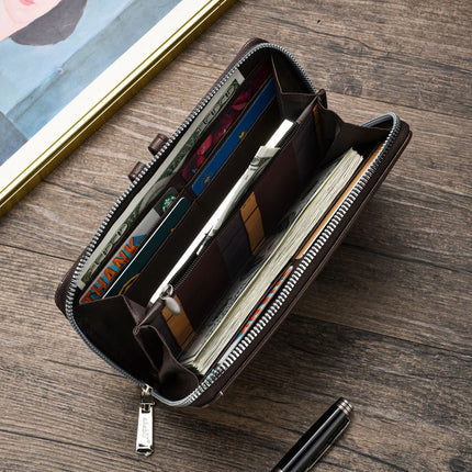 Two pieces High-Capacity PU Leather Clutch Wallet - Unisex Design with Wrist Strap, Zipper & Multiple Card Slots(Dark brown)