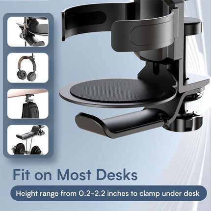 Two desktop clip-on cup holders and headphone hanger - adjustable, non-slip silicone, maximum load 15KG(silver)