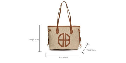 Stylish Large Capacity Tote Bag with PU Leather Trim & Logo Detail(Beige with brown)