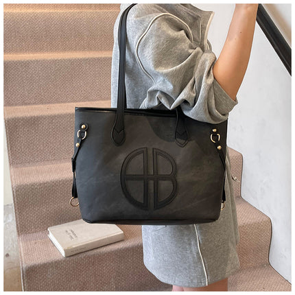 Stylish Large Capacity Tote Bag with PU Leather Trim & Logo Detail(Beige with brown)
