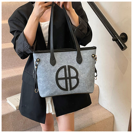 Stylish Large Capacity Tote Bag with PU Leather Trim & Logo Detail(Beige with brown)