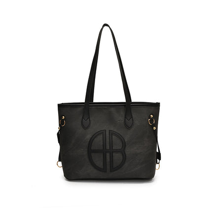 Stylish Large Capacity Tote Bag with PU Leather Trim & Logo (Black)