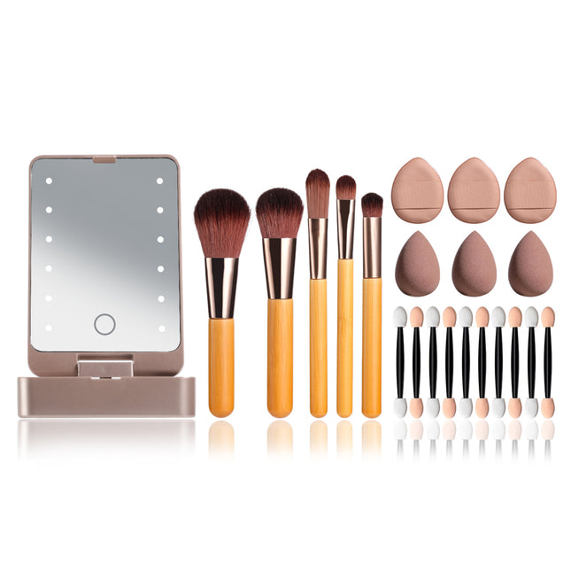 All-in-One Portable Makeup Brush Kit with LED Mirror Travel Case Sponges & Applicators(pink)