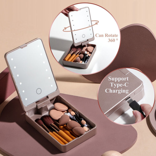 All-in-One Portable Makeup Brush Kit with LED Mirror Travel Case Sponges & Applicators(pink) – product detail