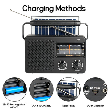 Portable Solar Powered 3-Band AM/FM/SW Radio with Bluetooth Speaker & Multiple Charging Options(black) – product perspective