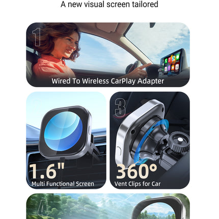 Wireless CarPlay Adapter with 1.6" Multi-Functional Screen, Car Diffuser & 360 Vent Clip(silver)