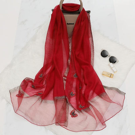 Elegant Butterfly Embroidered Scarf Shawl - Large Soft Silk Blend Wrap for Women(Red)