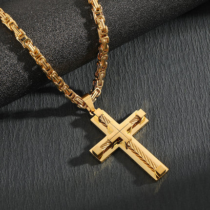 Men's Stainless Steel Layered Cross Pendant with Byzantine Chain