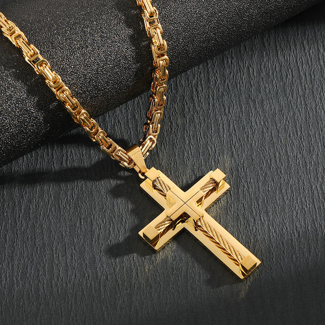 Men's Stainless Steel Layered Cross Pendant with Byzantine Chain