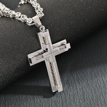 Men's Stainless Steel Layered Cross Pendant with Byzantine Chain – shape and profile