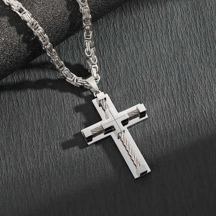 Men's Stainless Steel Layered Cross Pendant with Byzantine Chain