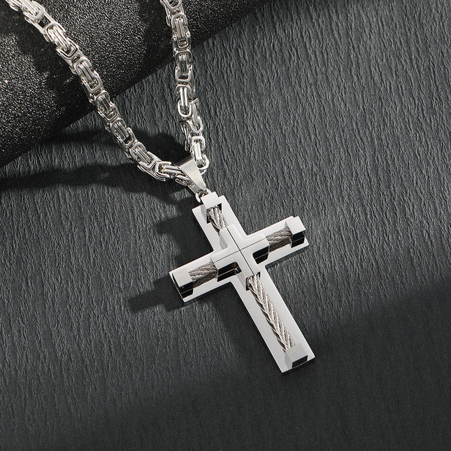 Men's Stainless Steel Layered Cross Pendant with Byzantine Chain