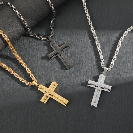 Men's Stainless Steel Layered Cross Pendant with Byzantine Chain – product detail