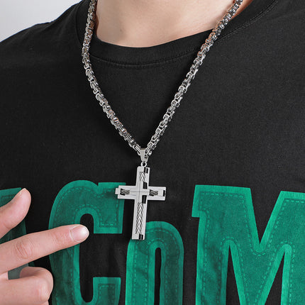 Men's Stainless Steel Layered Cross Pendant with Byzantine Chain – product features