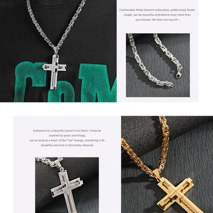 Men's Stainless Steel Layered Cross Pendant with Byzantine Chain – hardware detail