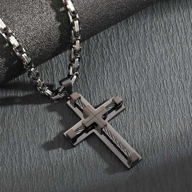 Men's Stainless Steel Layered Cross Pendant with Byzantine Chain