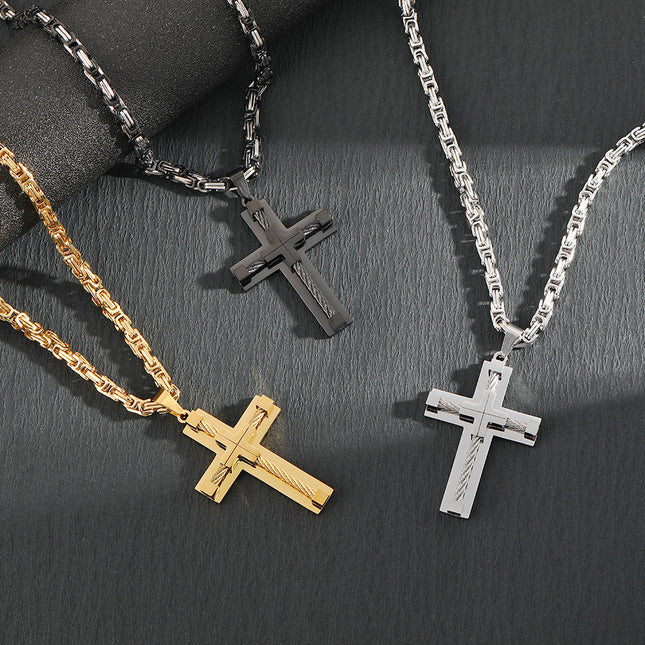 Men's Stainless Steel Layered Cross Pendant with Byzantine Chain – product detail