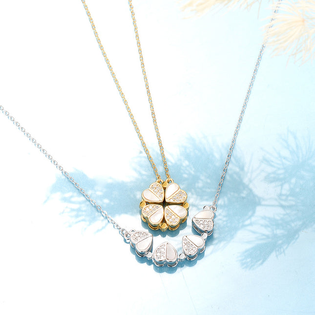 S925 Sterling Silver 2-in-1 Magnetic Convertible Clover to Hearts Pendant Necklace(Platinum) – product detail