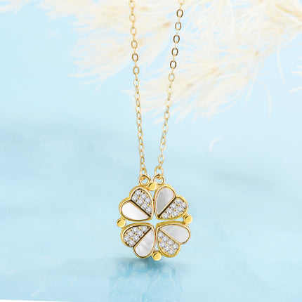 S925 Sterling Silver 2-in-1 Magnetic Convertible Clover to Hearts Pendant Necklace(Platinum)
